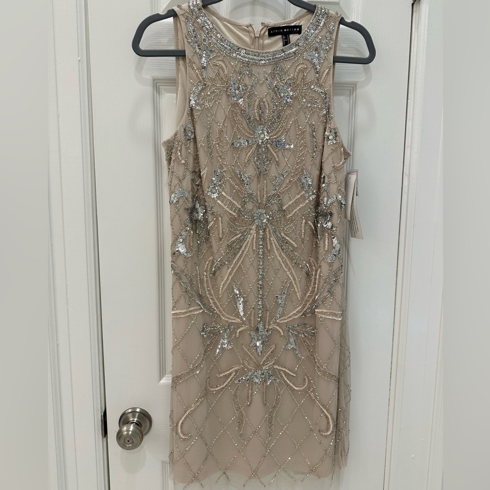 Aidan Mattox Silver and Cream Embellished Mini Dress